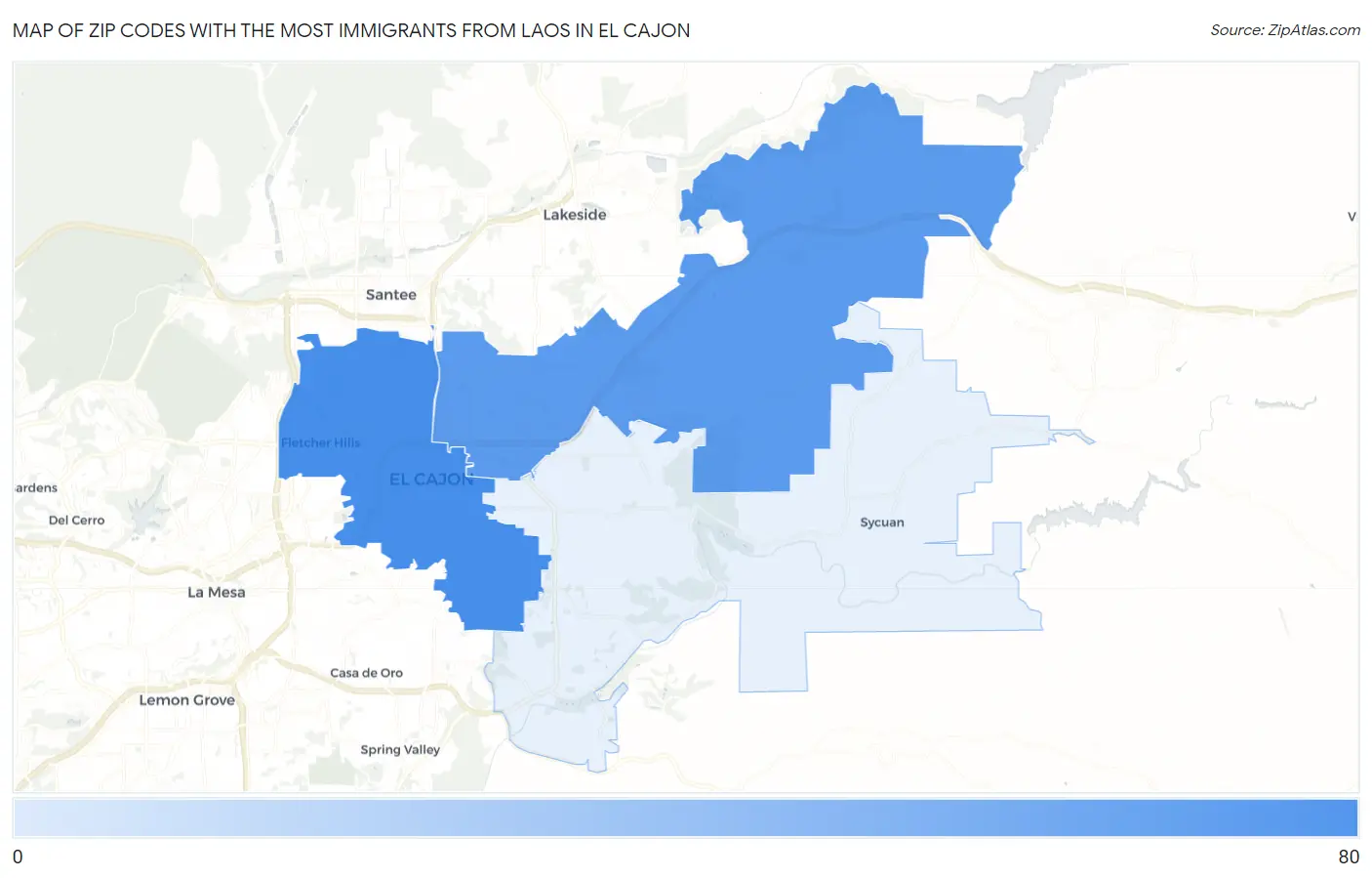 Zip Codes with the Most Immigrants from Laos in El Cajon Map