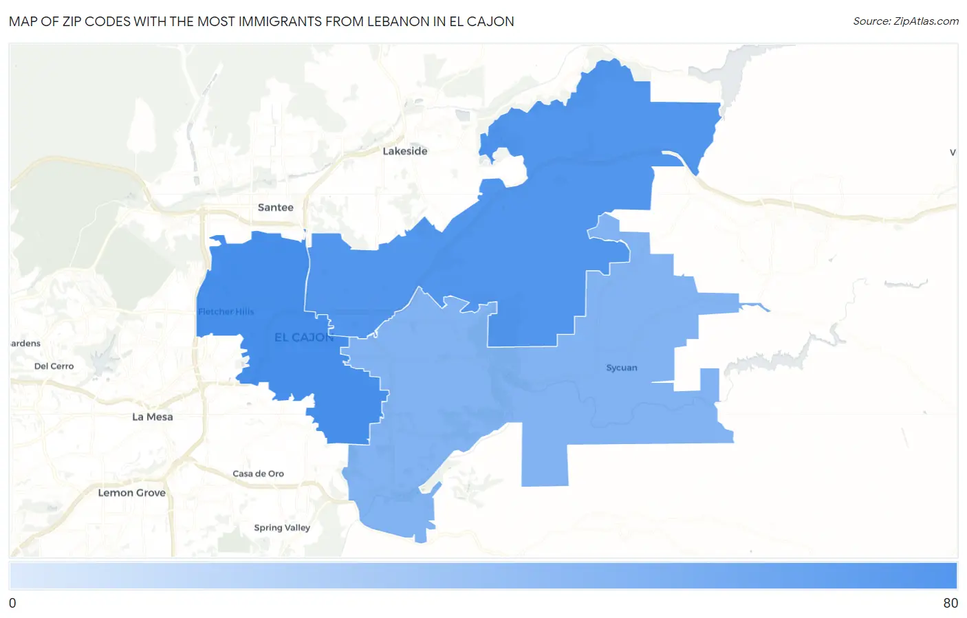 Zip Codes with the Most Immigrants from Lebanon in El Cajon Map