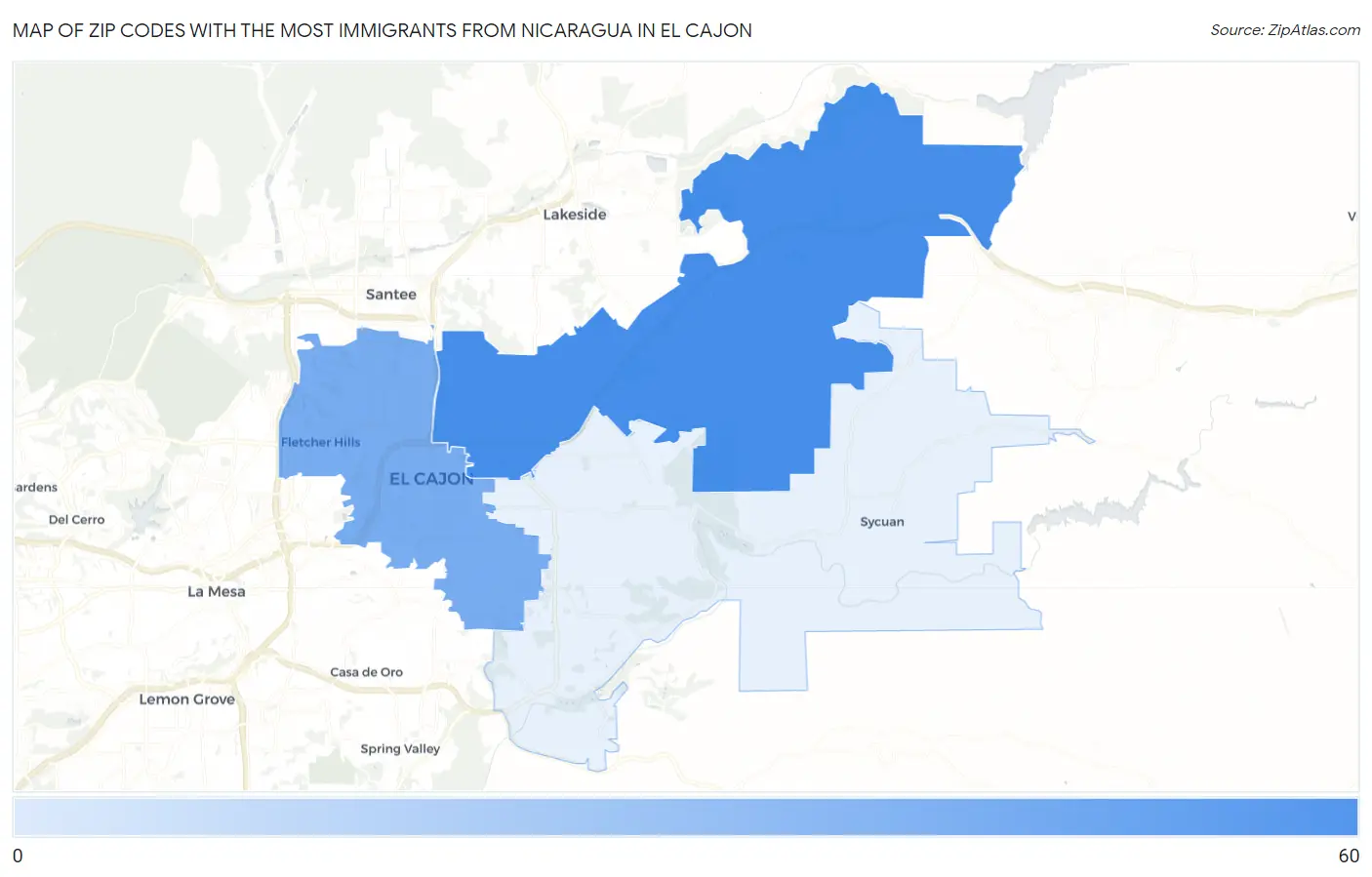 Zip Codes with the Most Immigrants from Nicaragua in El Cajon Map