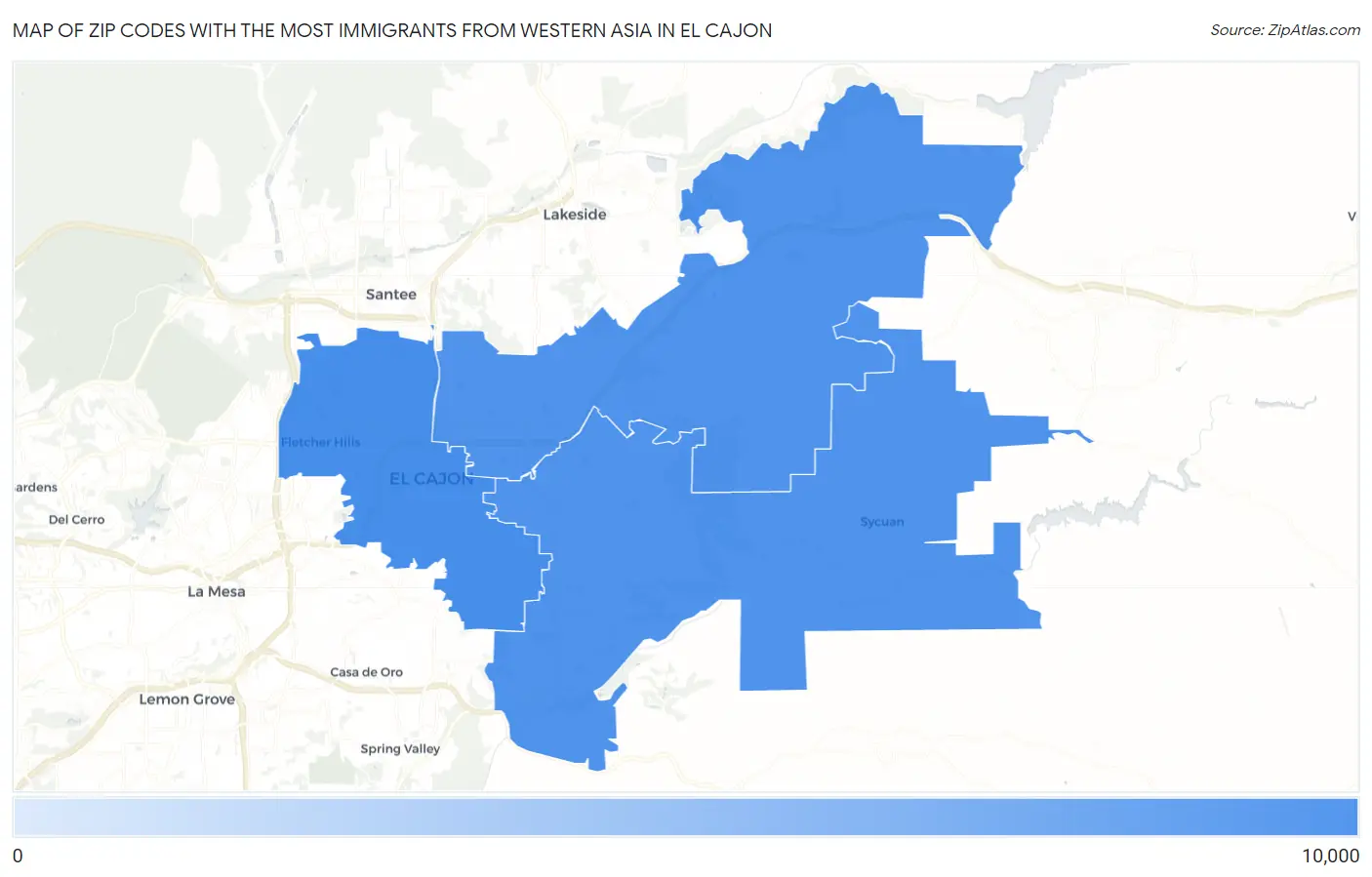 Zip Codes with the Most Immigrants from Western Asia in El Cajon Map