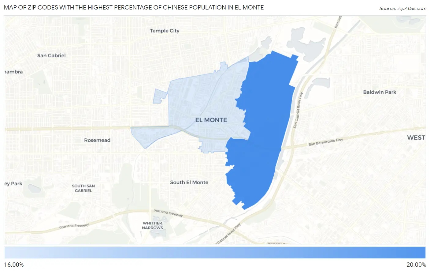 Zip Codes with the Highest Percentage of Chinese Population in El Monte Map