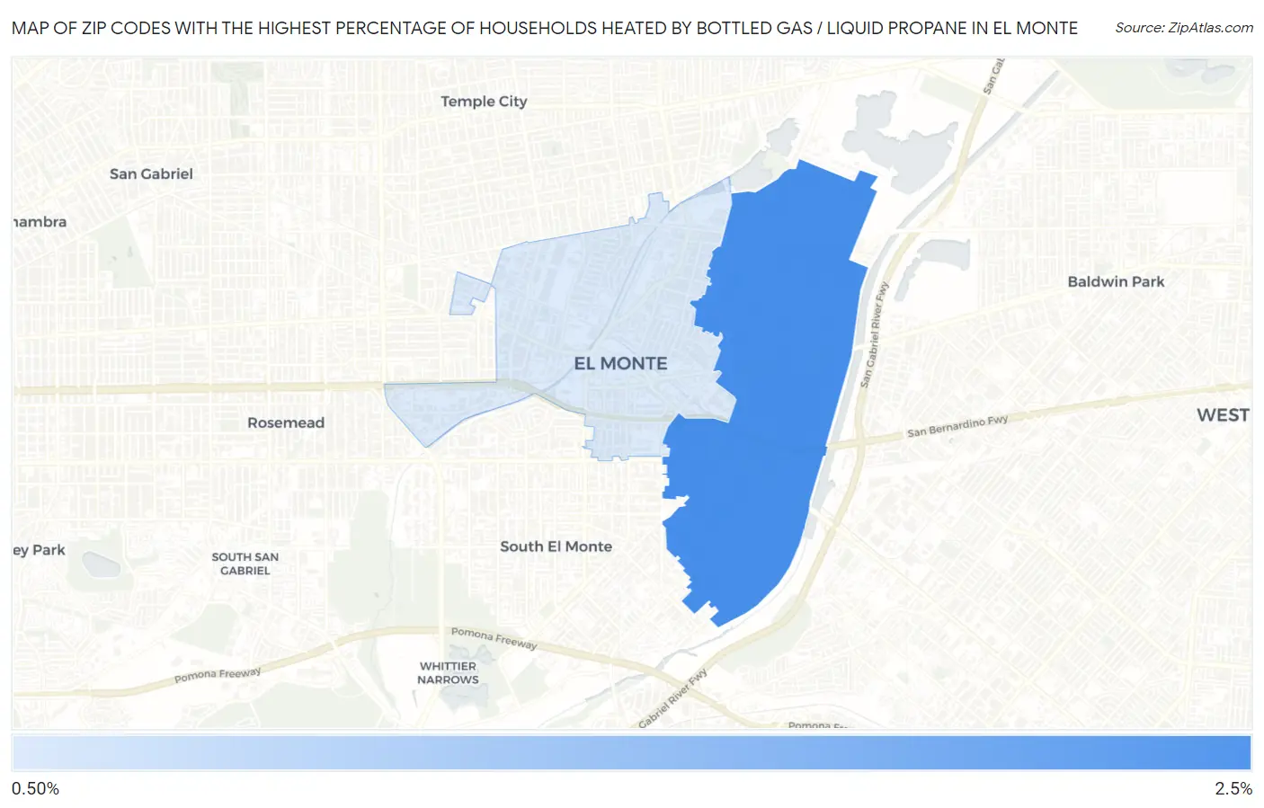 Zip Codes with the Highest Percentage of Households Heated by Bottled Gas / Liquid Propane in El Monte Map