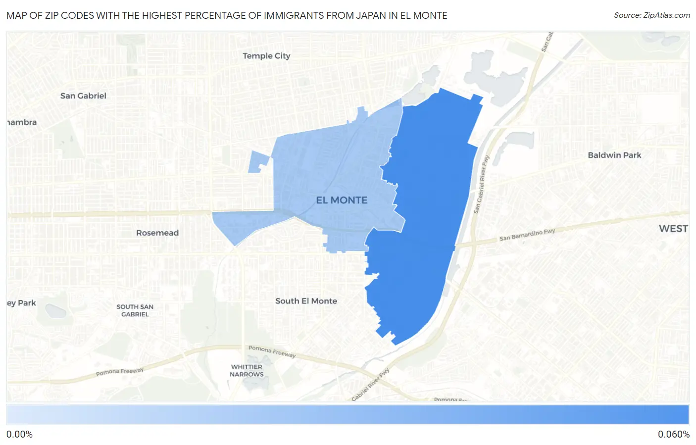 Zip Codes with the Highest Percentage of Immigrants from Japan in El Monte Map