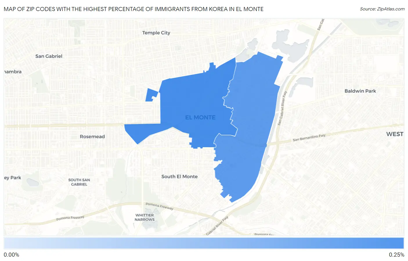 Zip Codes with the Highest Percentage of Immigrants from Korea in El Monte Map