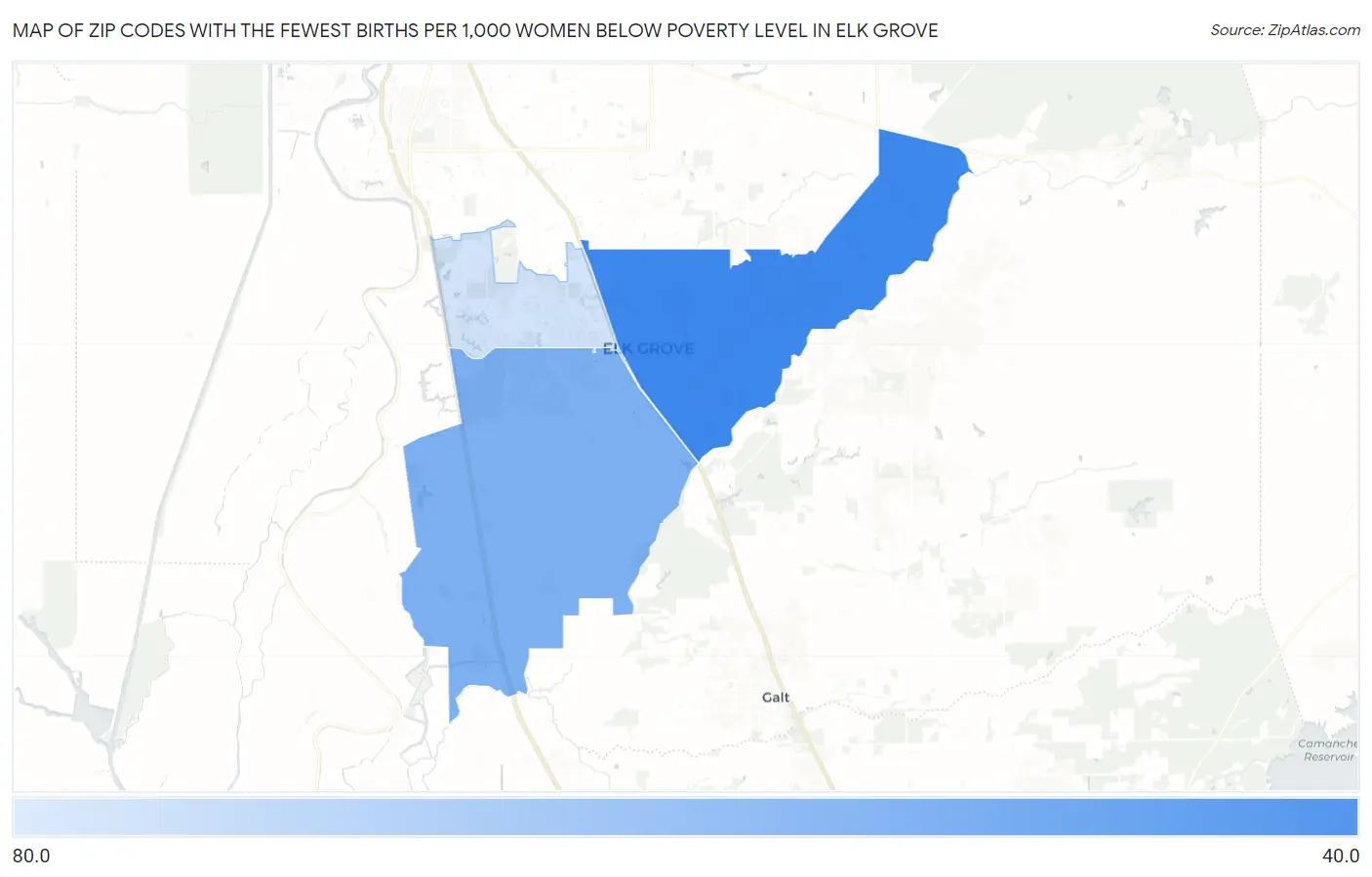 Zip Codes with the Fewest Births per 1,000 Women Below Poverty Level in Elk Grove Map