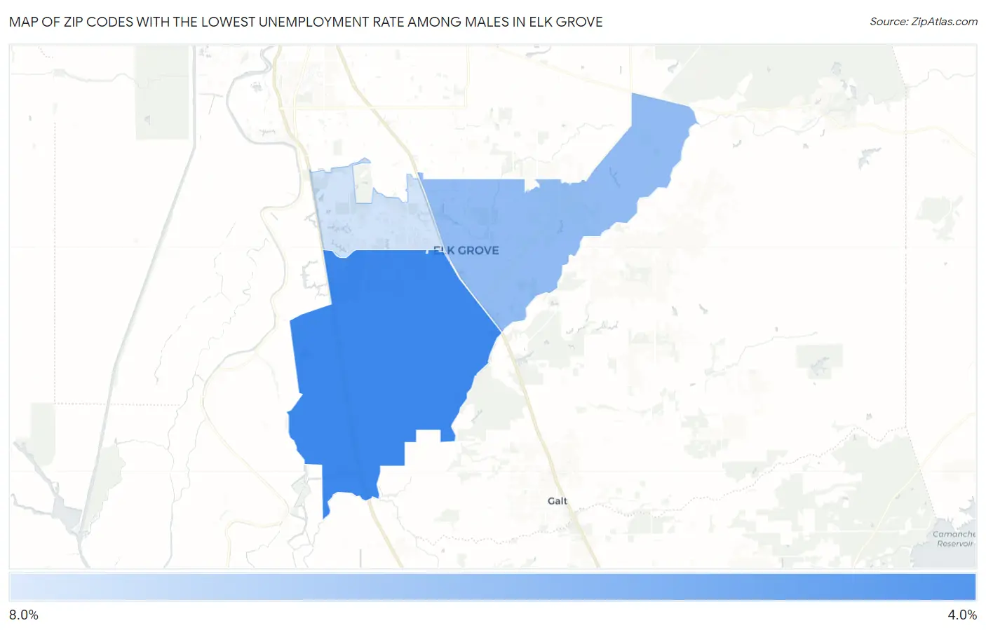 Zip Codes with the Lowest Unemployment Rate Among Males in Elk Grove Map