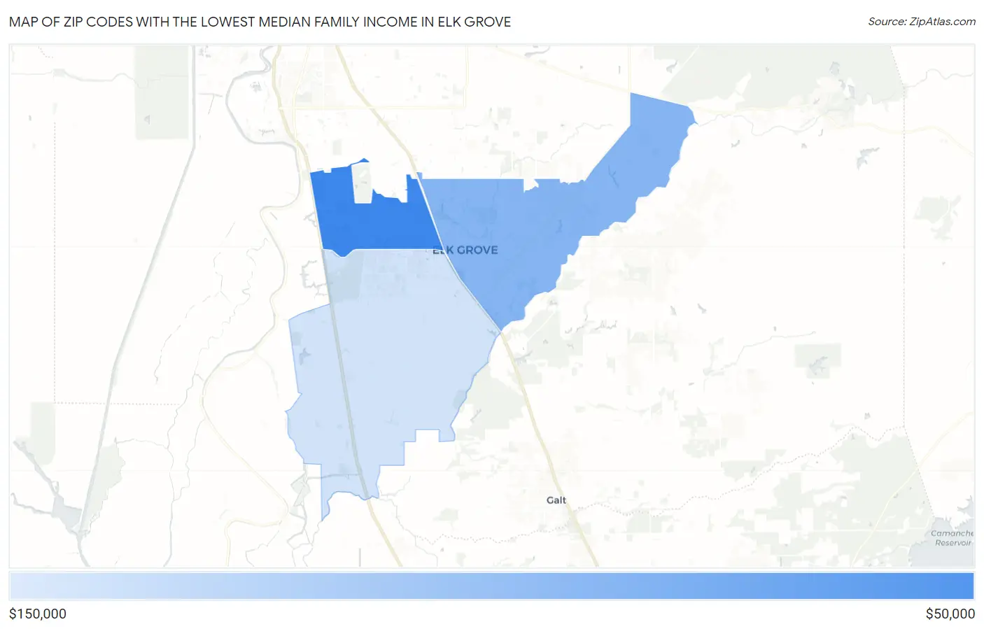 Zip Codes with the Lowest Median Family Income in Elk Grove Map
