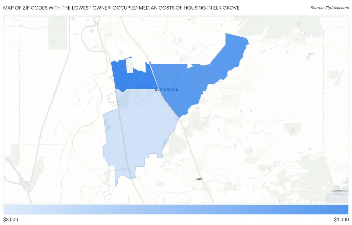 Zip Codes with the Lowest Owner-Occupied Median Costs of Housing in Elk Grove Map