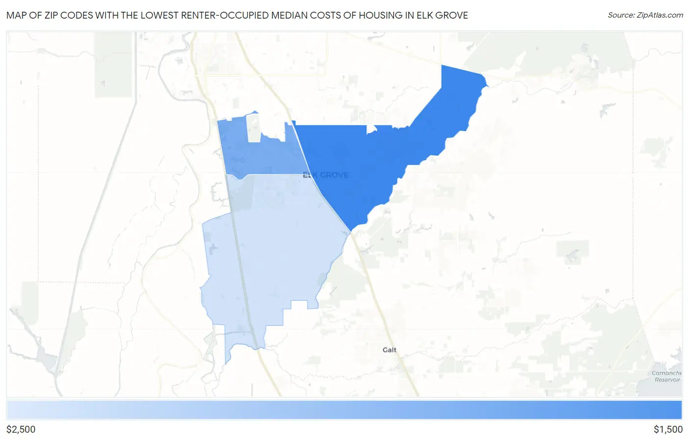 Zip Codes with the Lowest Renter-Occupied Median Costs of Housing in Elk Grove Map