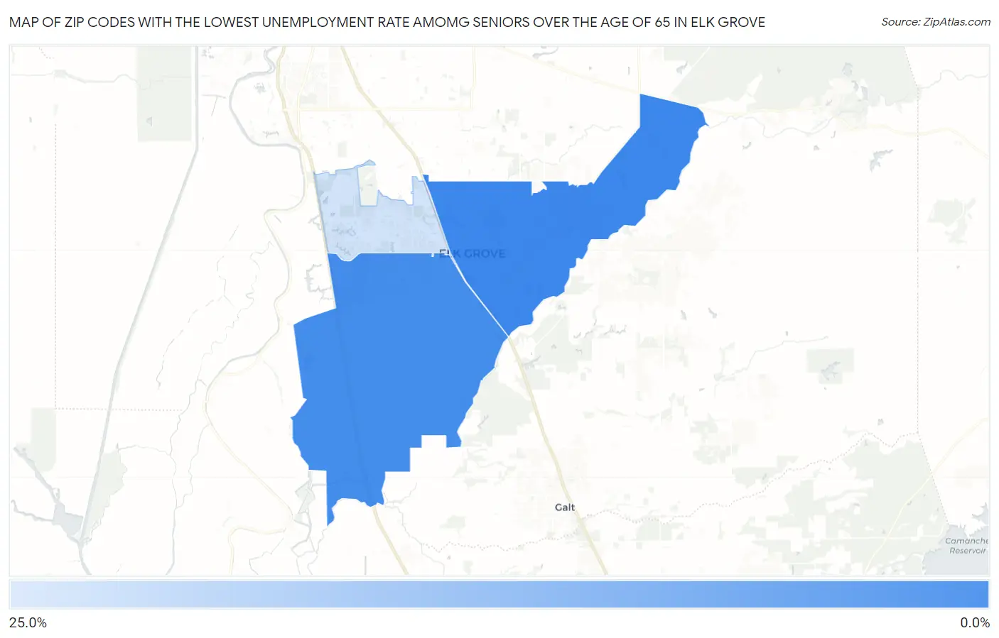 Zip Codes with the Lowest Unemployment Rate Amomg Seniors Over the Age of 65 in Elk Grove Map