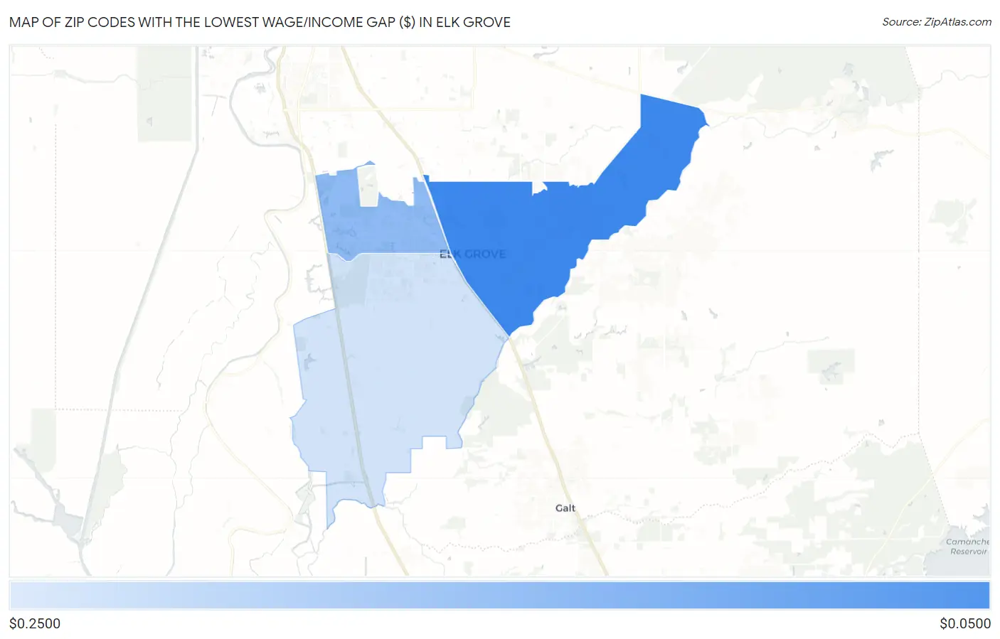 Zip Codes with the Lowest Wage/Income Gap ($) in Elk Grove Map