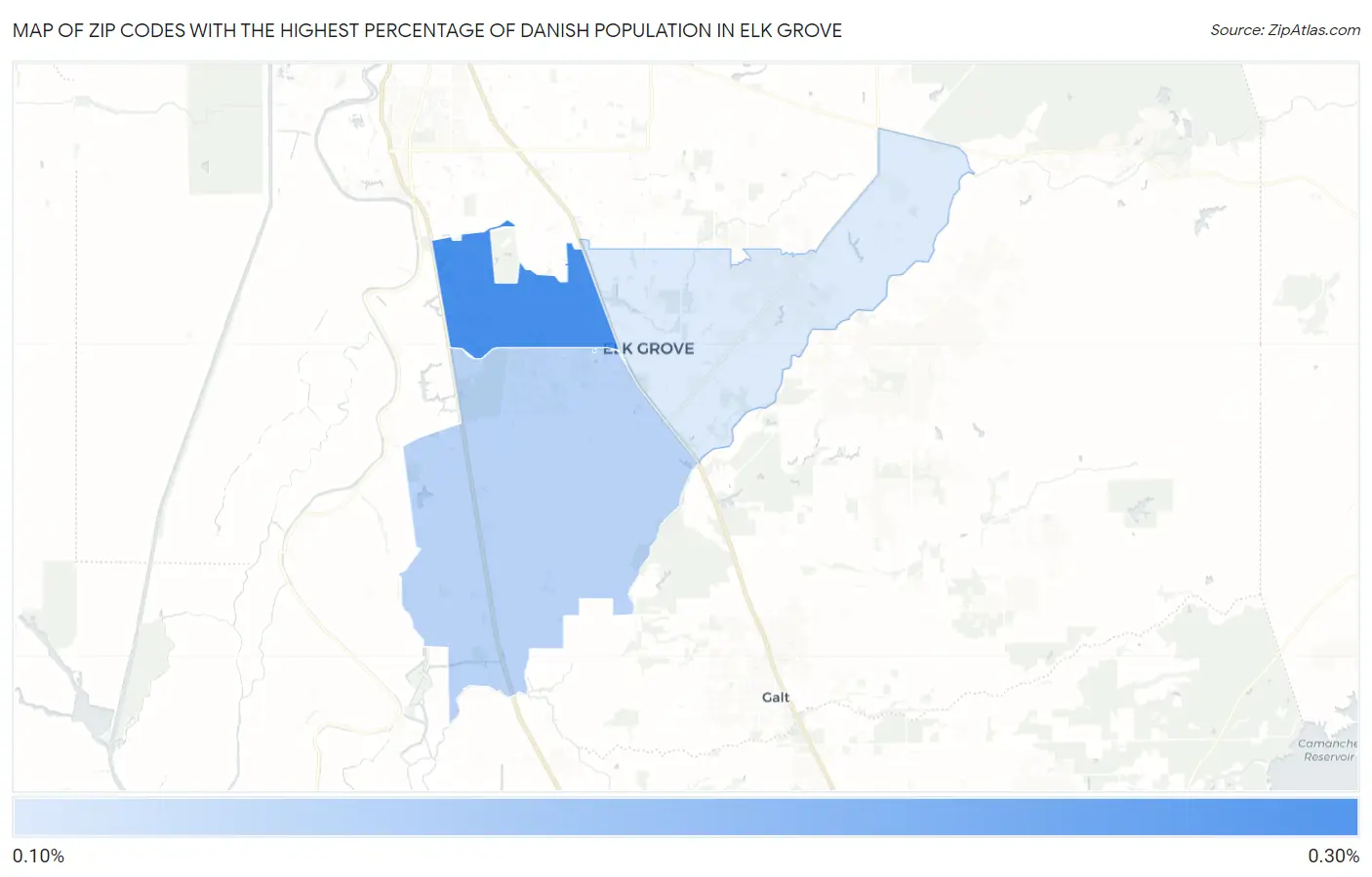 Zip Codes with the Highest Percentage of Danish Population in Elk Grove Map