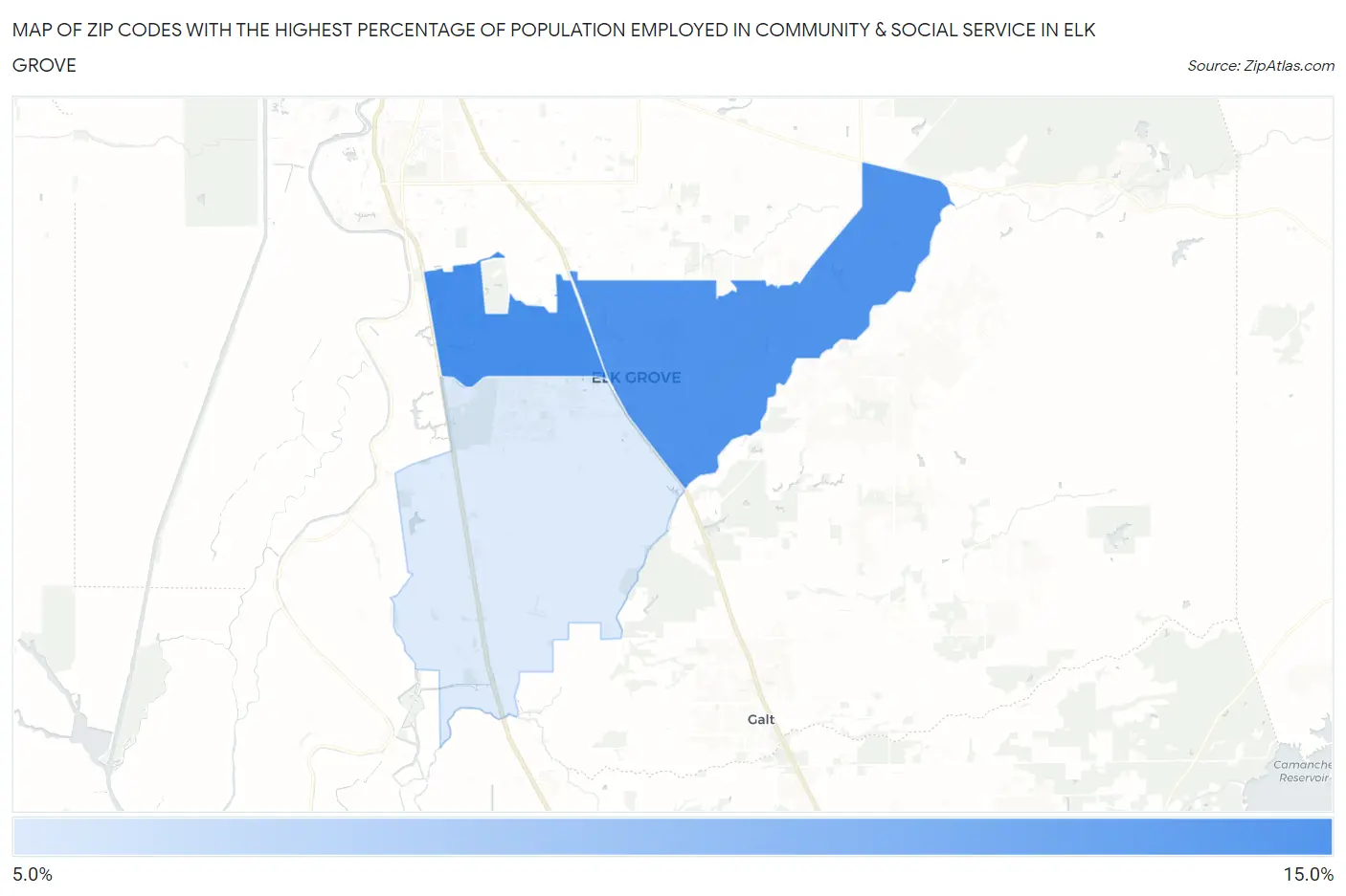 Zip Codes with the Highest Percentage of Population Employed in Community & Social Service  in Elk Grove Map