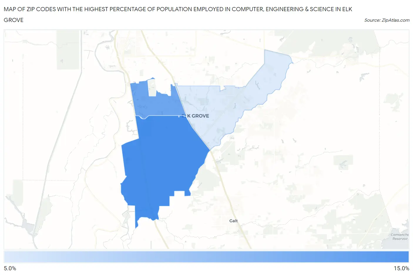 Zip Codes with the Highest Percentage of Population Employed in Computer, Engineering & Science in Elk Grove Map