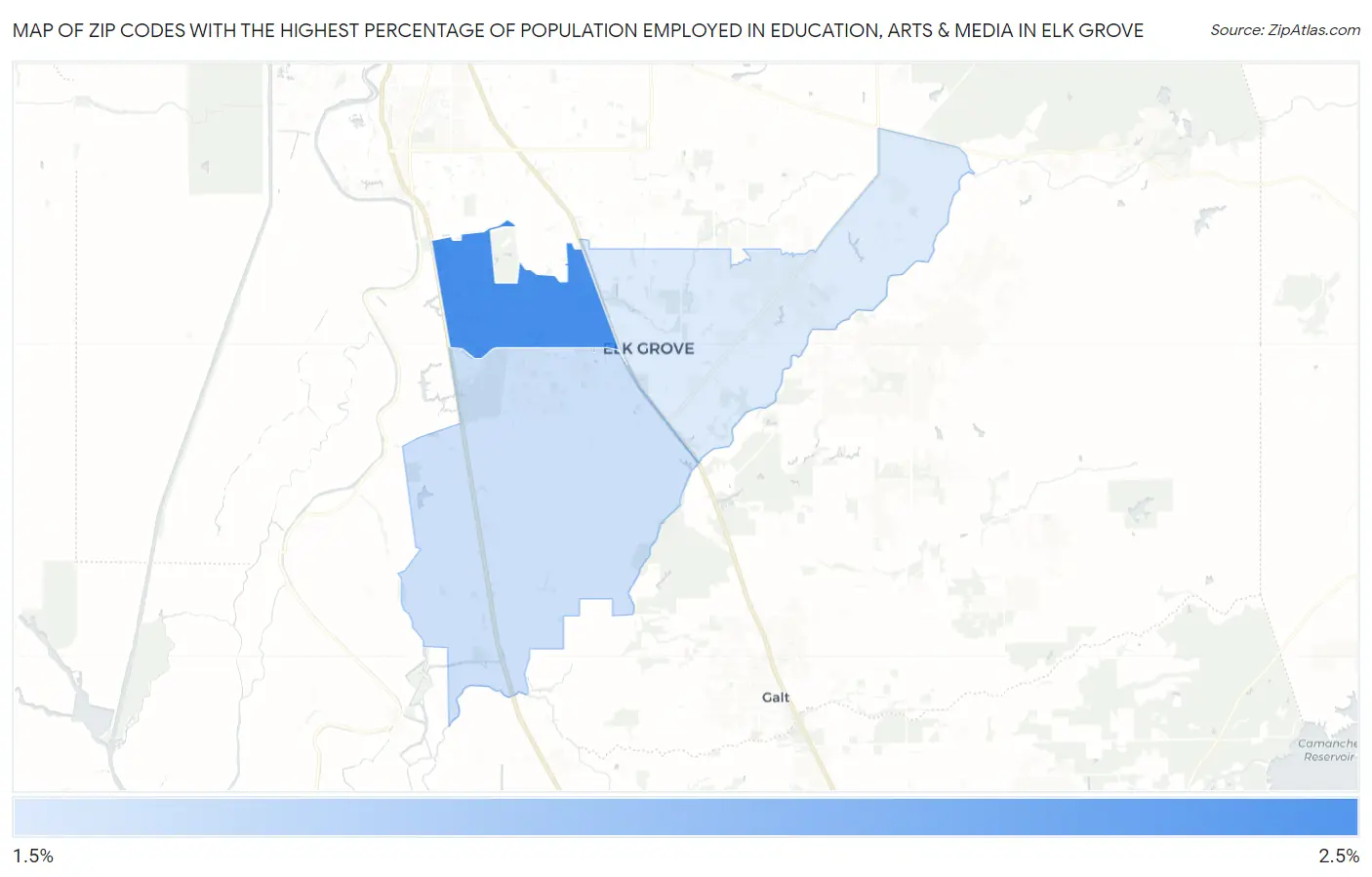 Zip Codes with the Highest Percentage of Population Employed in Education, Arts & Media in Elk Grove Map