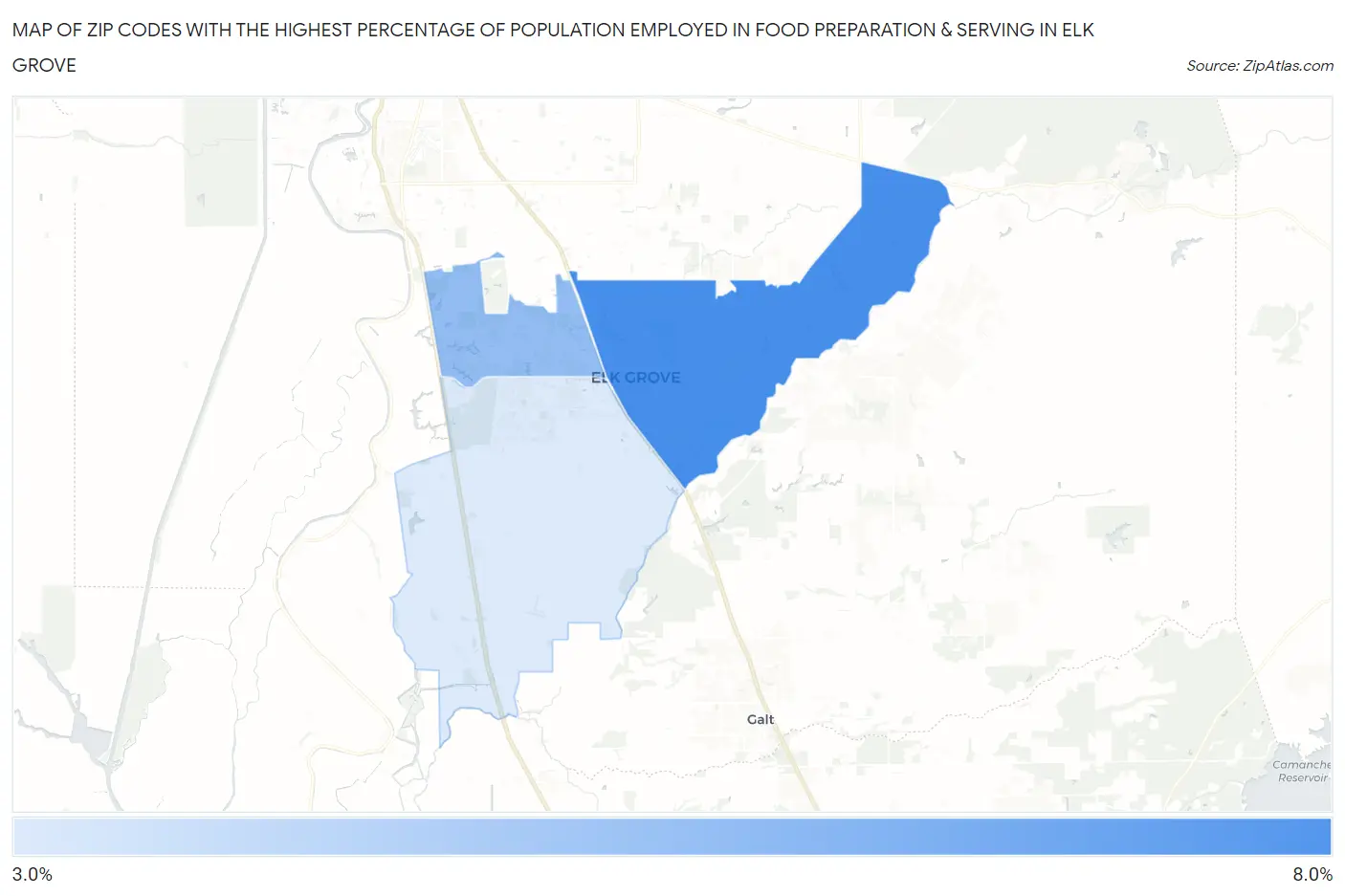Zip Codes with the Highest Percentage of Population Employed in Food Preparation & Serving in Elk Grove Map