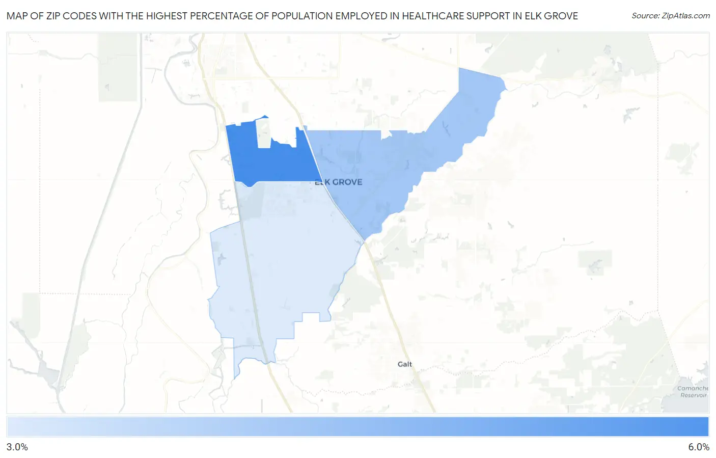 Zip Codes with the Highest Percentage of Population Employed in Healthcare Support in Elk Grove Map