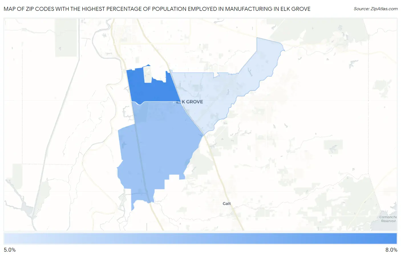 Zip Codes with the Highest Percentage of Population Employed in Manufacturing in Elk Grove Map