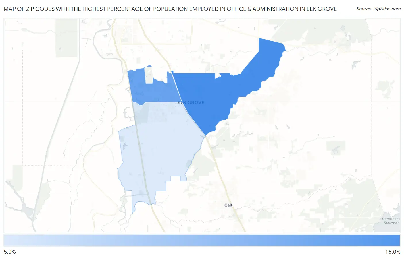 Zip Codes with the Highest Percentage of Population Employed in Office & Administration in Elk Grove Map