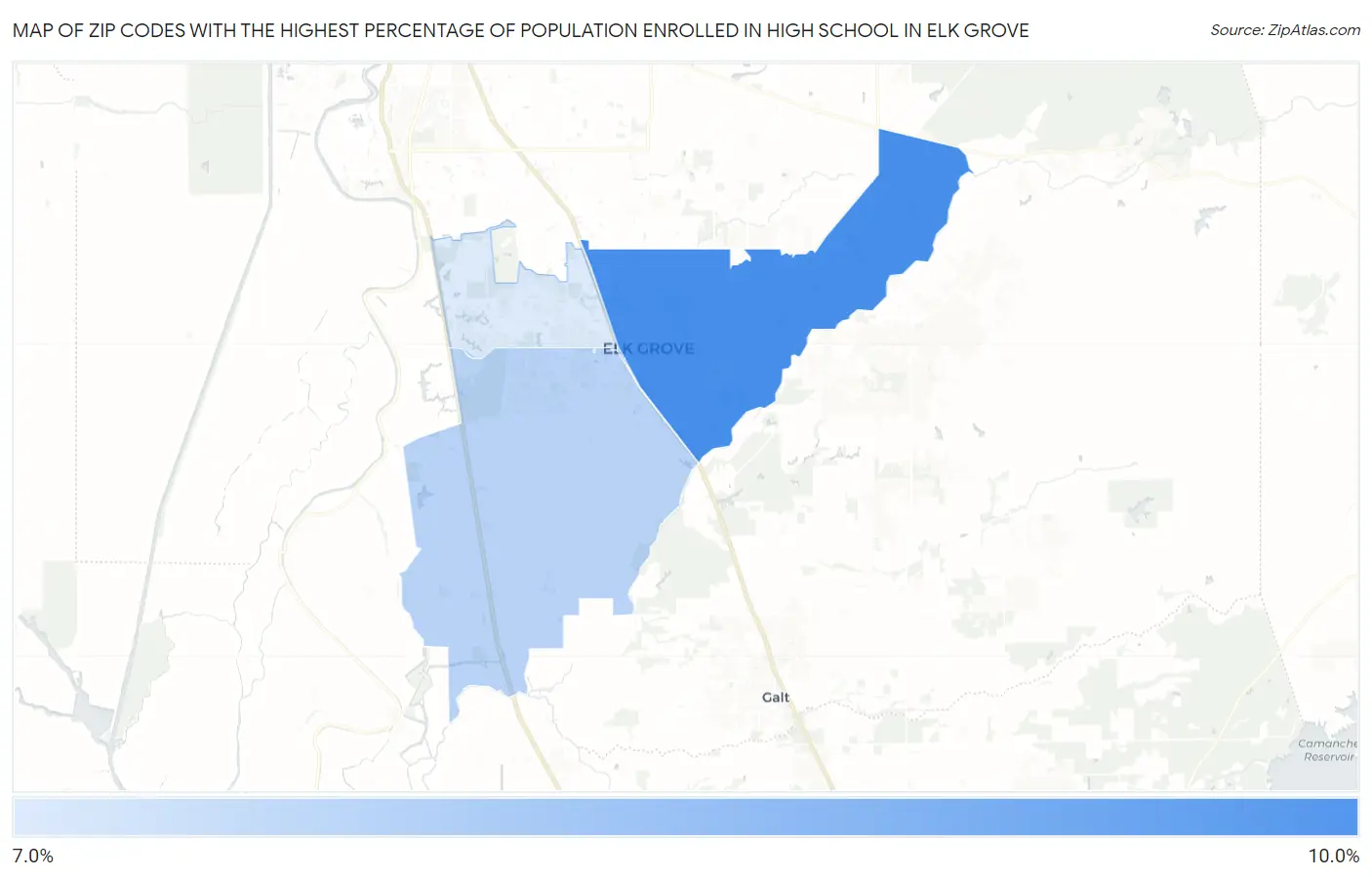 Zip Codes with the Highest Percentage of Population Enrolled in High School in Elk Grove Map