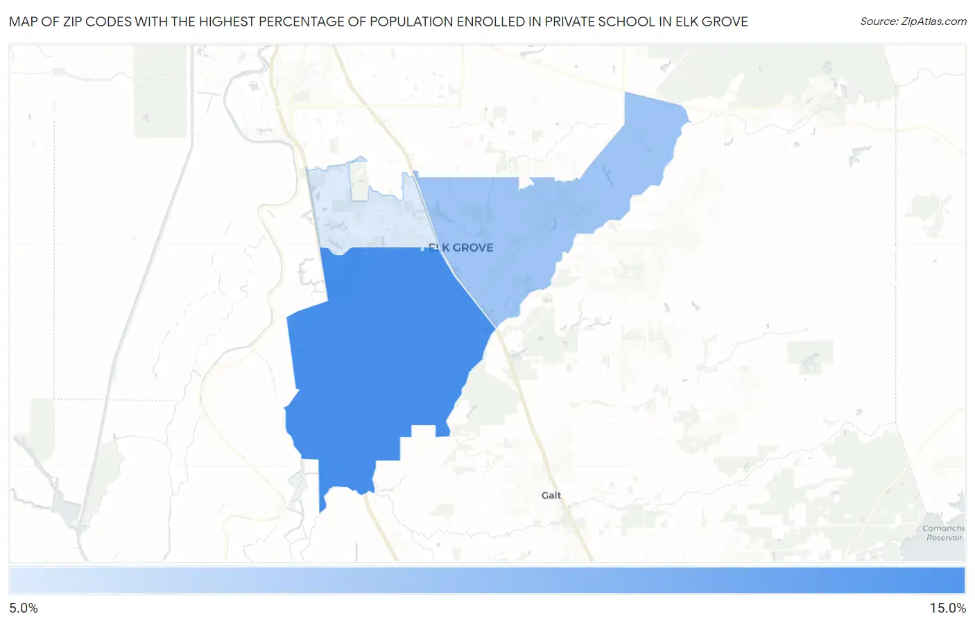 Zip Codes with the Highest Percentage of Population Enrolled in Private School in Elk Grove Map