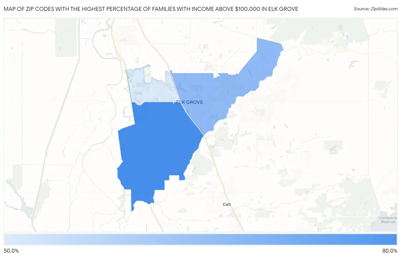 Zip Codes with the Highest Percentage of Families with Income Above $100,000 in Elk Grove Map