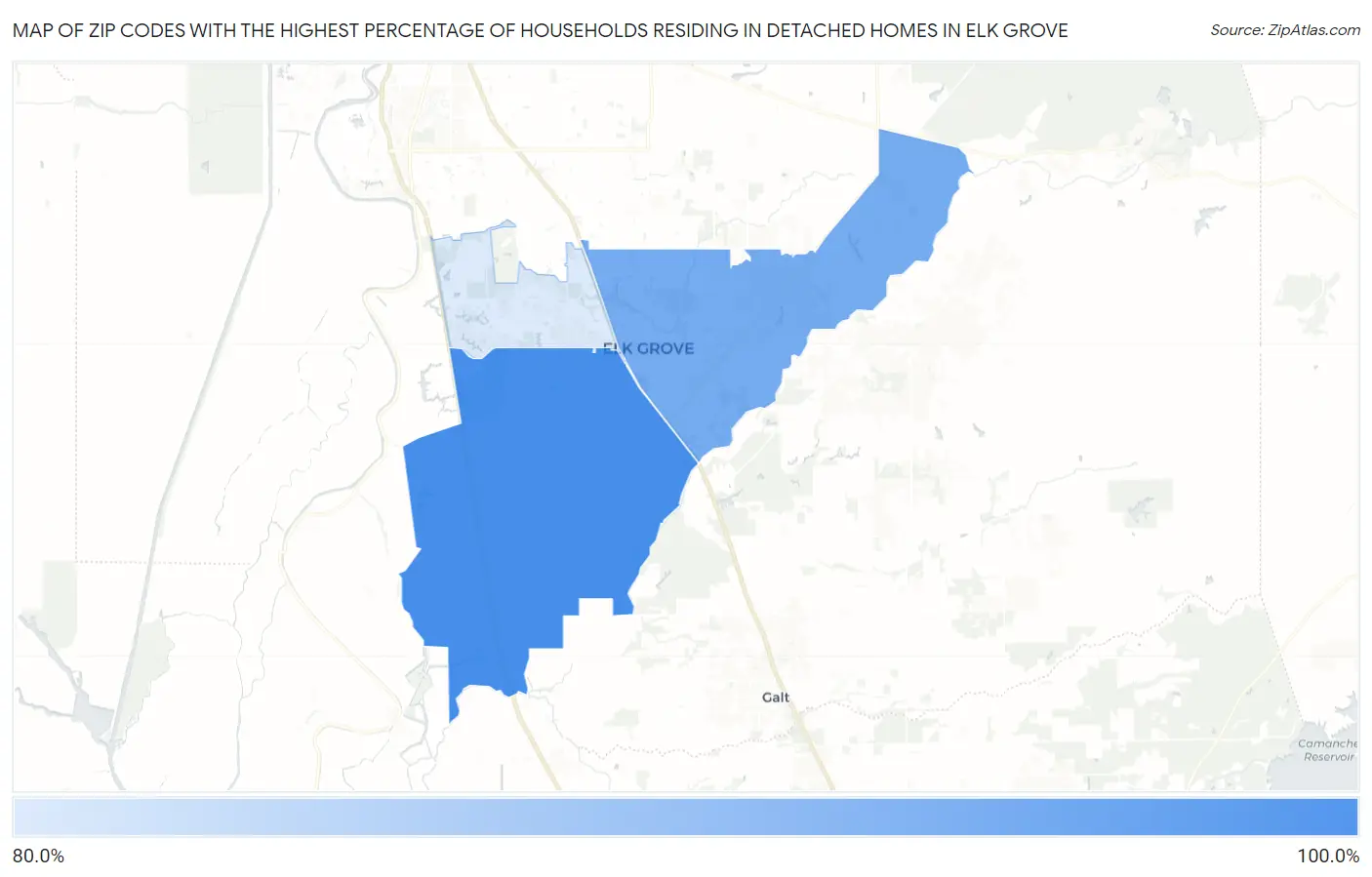 Zip Codes with the Highest Percentage of Households Residing in Detached Homes in Elk Grove Map
