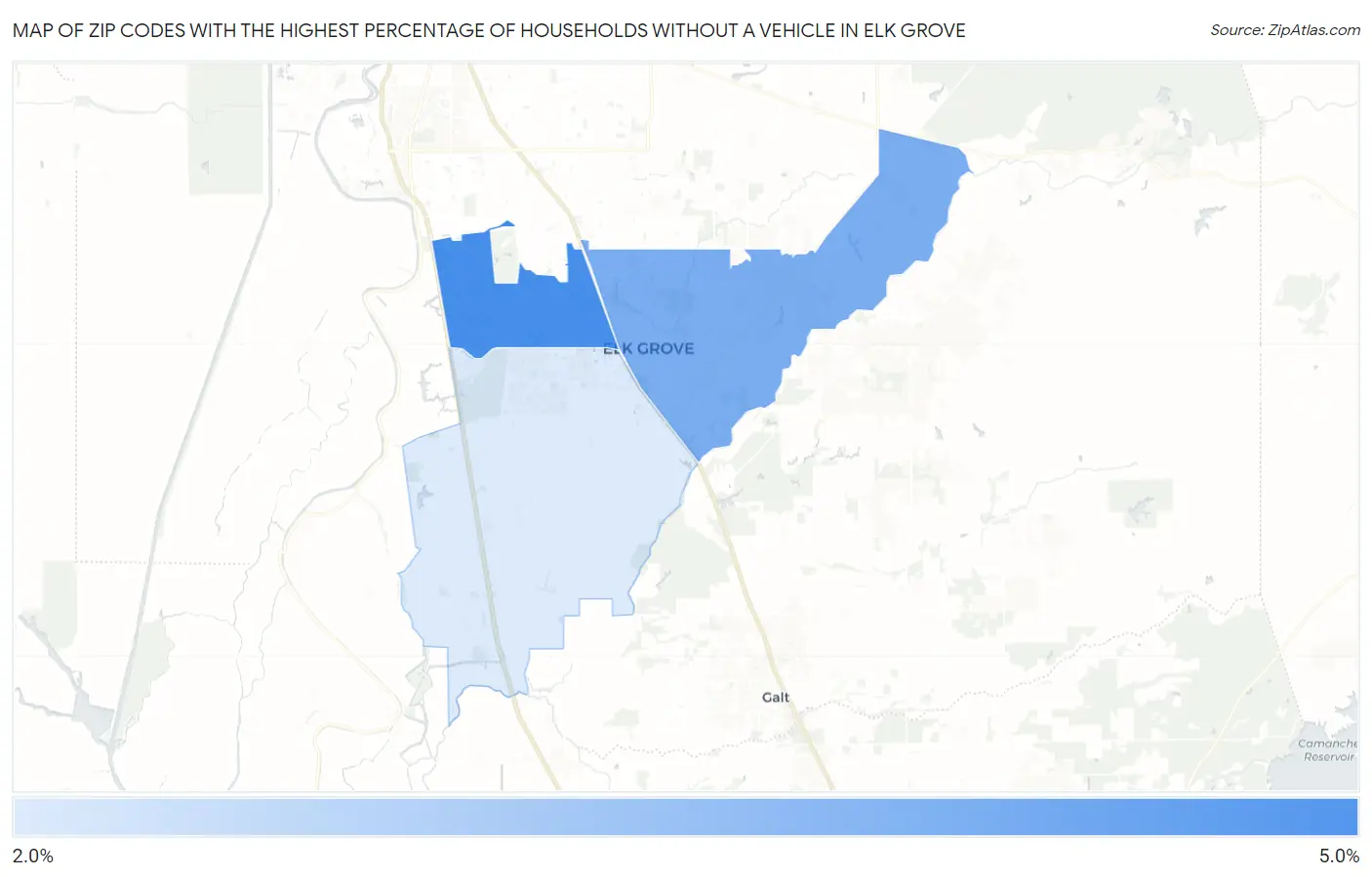 Zip Codes with the Highest Percentage of Households Without a Vehicle in Elk Grove Map