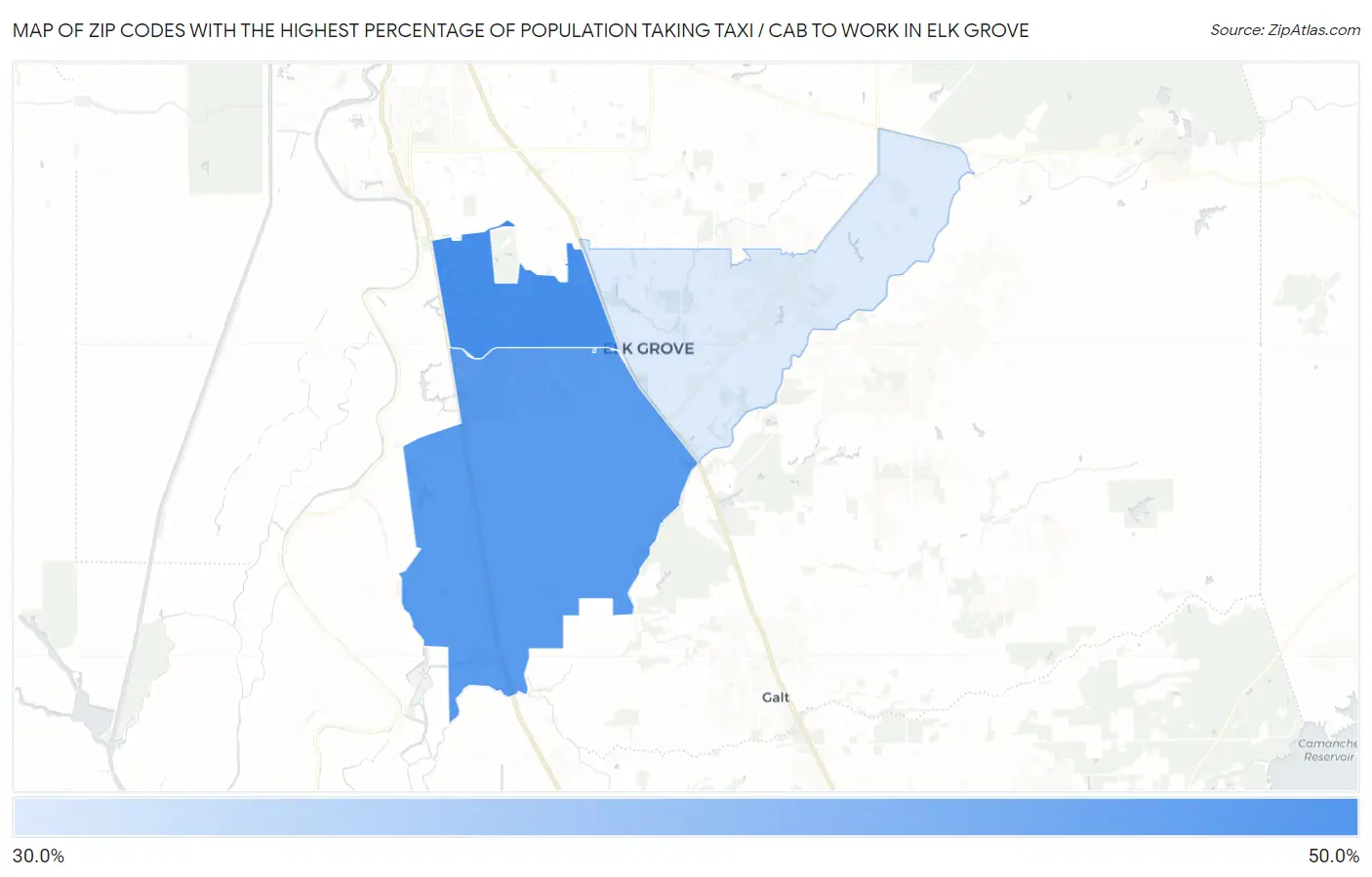 Zip Codes with the Highest Percentage of Population Taking Taxi / Cab to Work in Elk Grove Map
