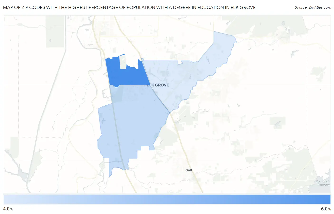 Zip Codes with the Highest Percentage of Population with a Degree in Education in Elk Grove Map
