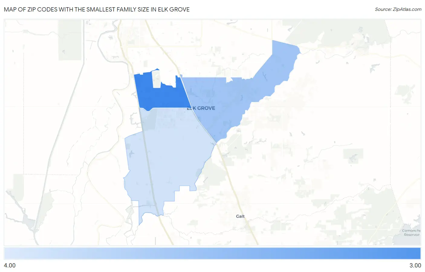 Zip Codes with the Smallest Family Size in Elk Grove Map