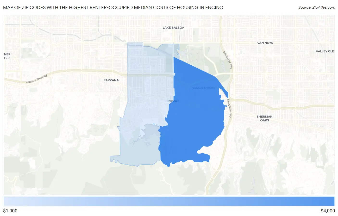 Zip Codes with the Highest Renter-Occupied Median Costs of Housing in Encino Map