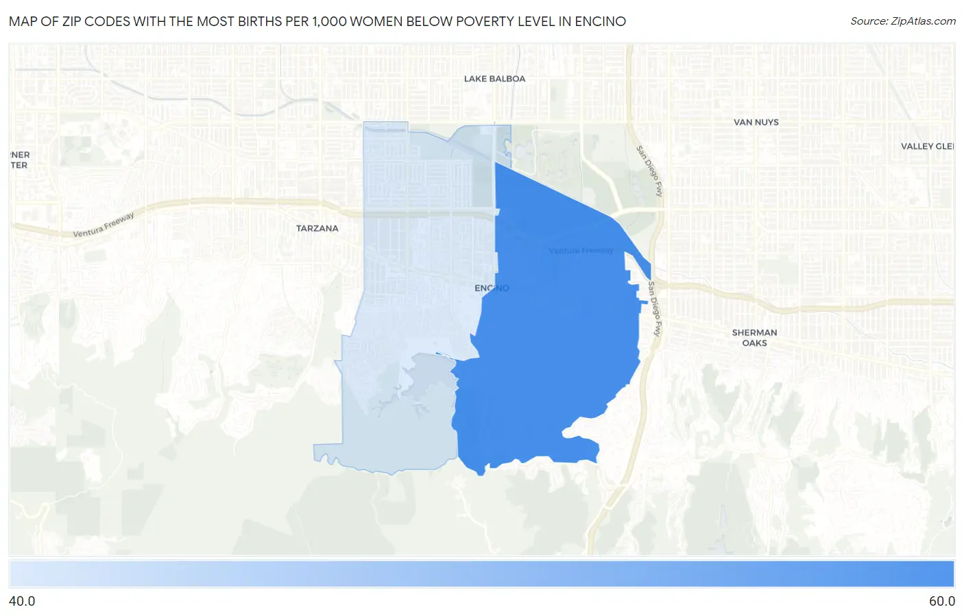Zip Codes with the Most Births per 1,000 Women Below Poverty Level in Encino Map