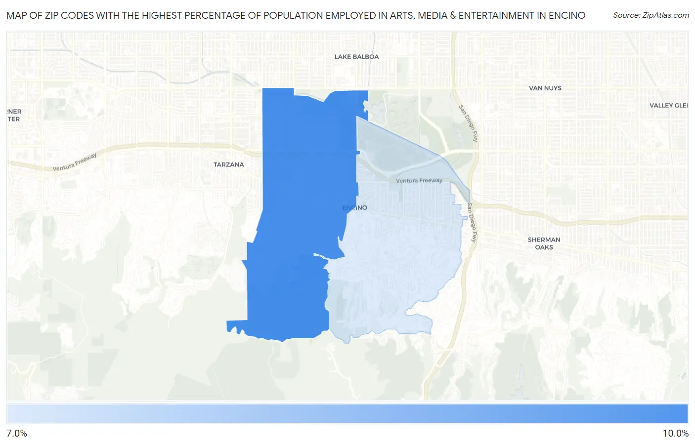 Zip Codes with the Highest Percentage of Population Employed in Arts, Media & Entertainment in Encino Map