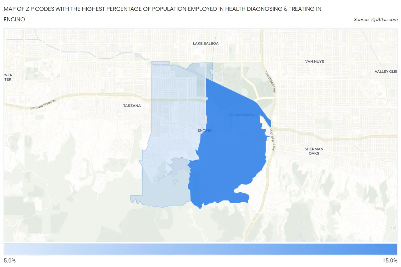 Zip Codes with the Highest Percentage of Population Employed in Health Diagnosing & Treating in Encino Map