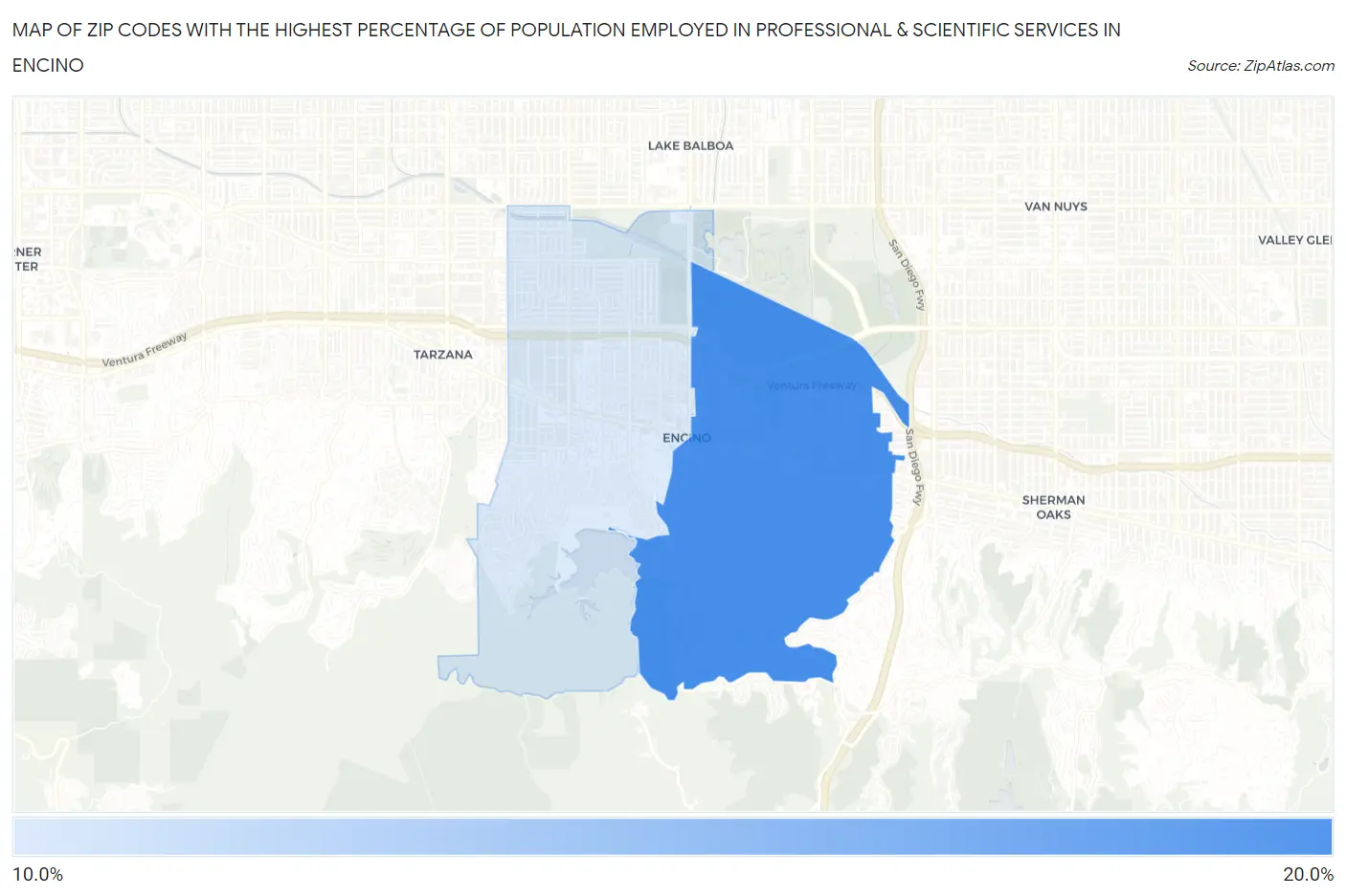Zip Codes with the Highest Percentage of Population Employed in Professional & Scientific Services in Encino Map