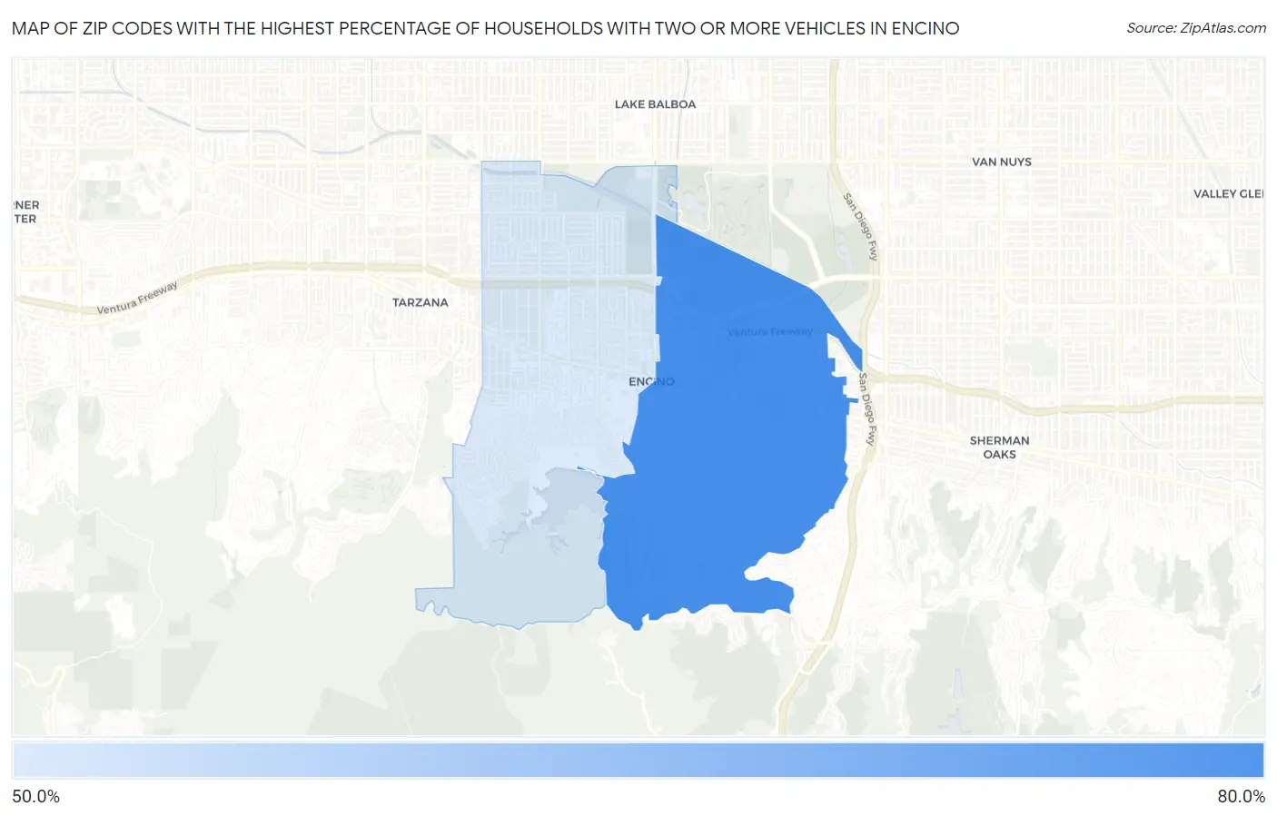 Zip Codes with the Highest Percentage of Households With Two or more Vehicles in Encino Map