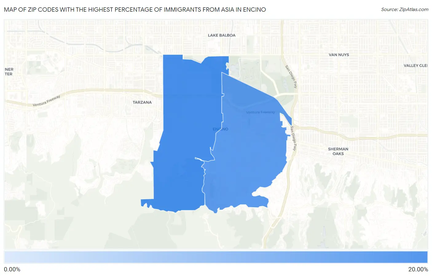 Zip Codes with the Highest Percentage of Immigrants from Asia in Encino Map