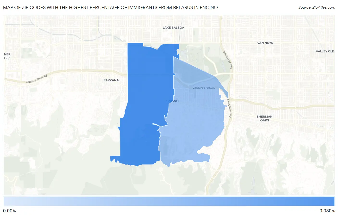 Zip Codes with the Highest Percentage of Immigrants from Belarus in Encino Map
