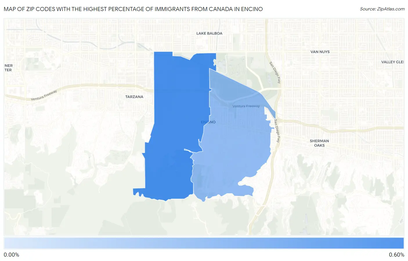 Zip Codes with the Highest Percentage of Immigrants from Canada in Encino Map