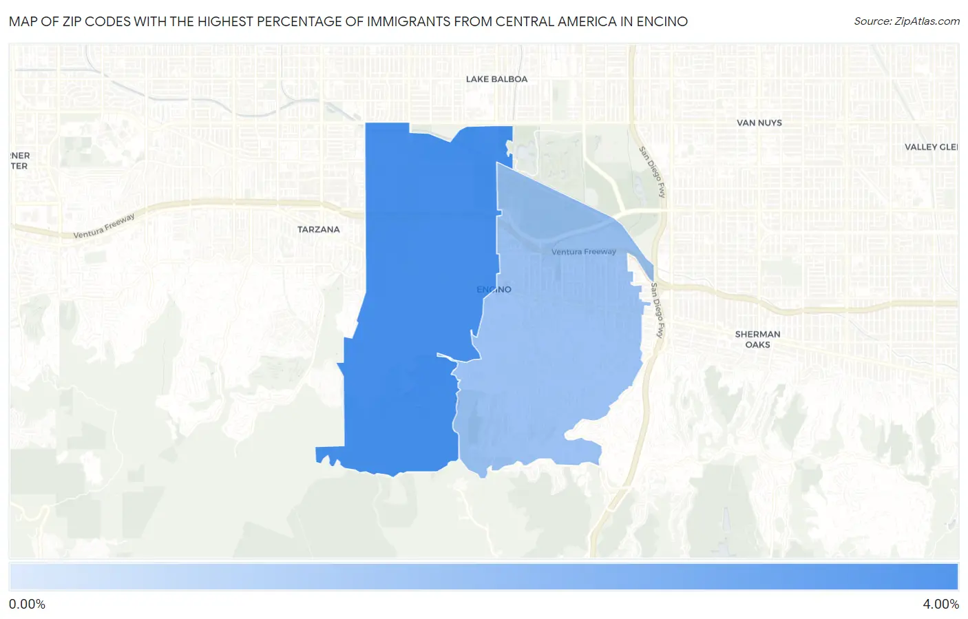 Zip Codes with the Highest Percentage of Immigrants from Central America in Encino Map