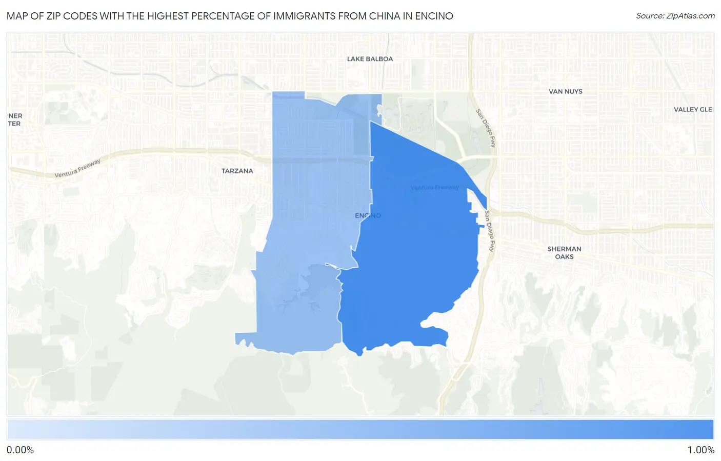 Zip Codes with the Highest Percentage of Immigrants from China in Encino Map