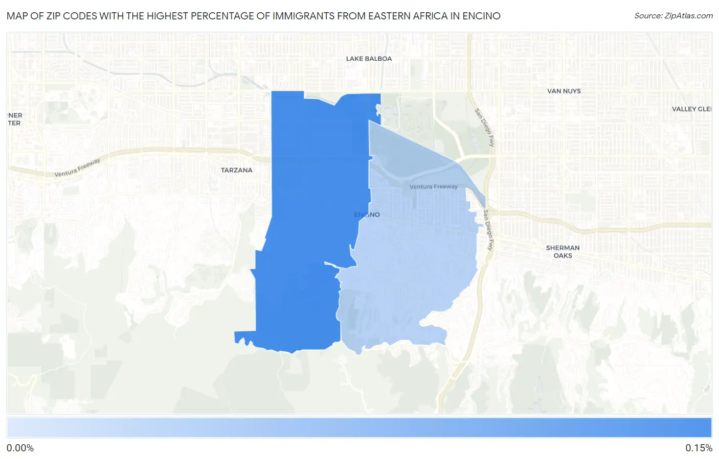 Zip Codes with the Highest Percentage of Immigrants from Eastern Africa in Encino Map