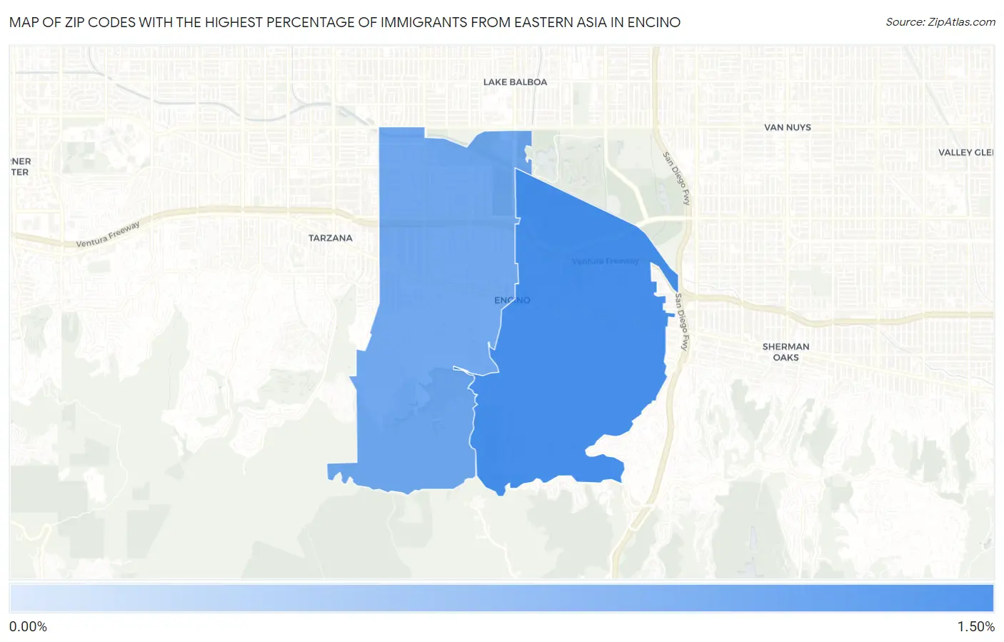 Zip Codes with the Highest Percentage of Immigrants from Eastern Asia in Encino Map