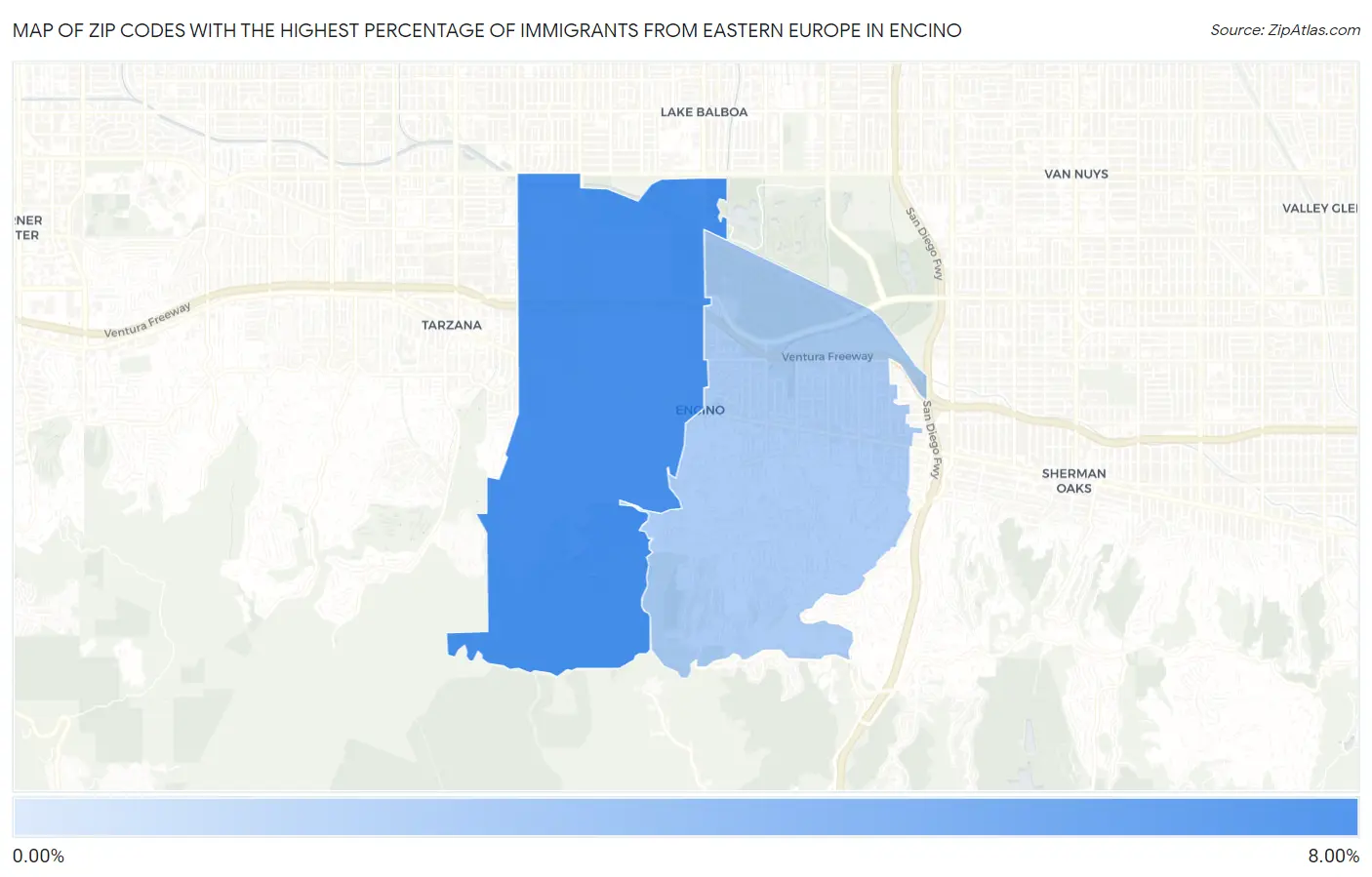 Zip Codes with the Highest Percentage of Immigrants from Eastern Europe in Encino Map