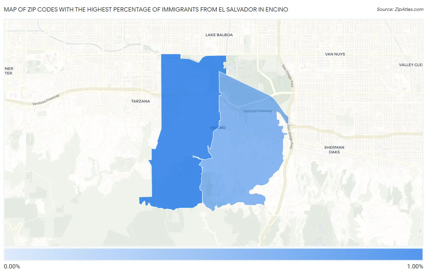 Zip Codes with the Highest Percentage of Immigrants from El Salvador in Encino Map