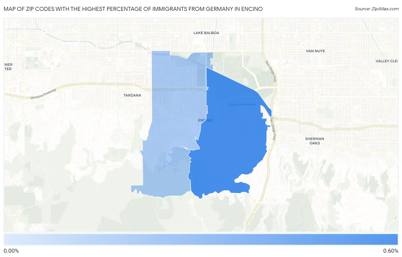 Zip Codes with the Highest Percentage of Immigrants from Germany in Encino Map