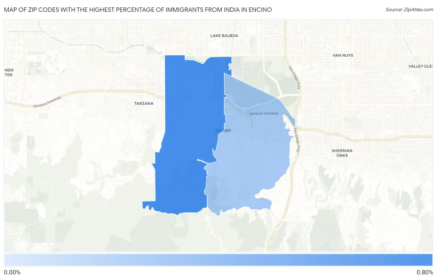 Zip Codes with the Highest Percentage of Immigrants from India in Encino Map