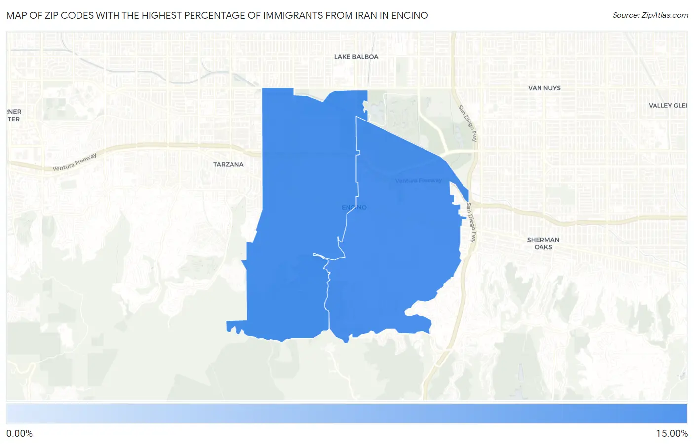 Zip Codes with the Highest Percentage of Immigrants from Iran in Encino Map