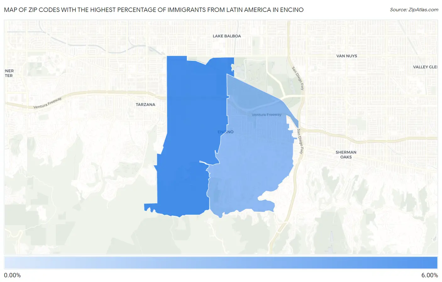 Zip Codes with the Highest Percentage of Immigrants from Latin America in Encino Map